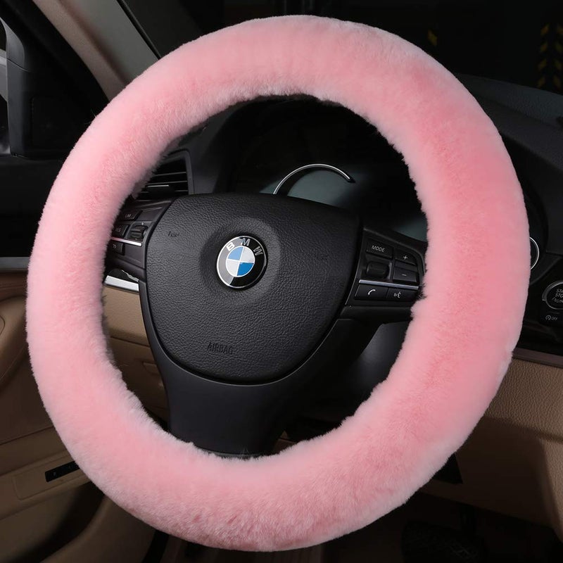 OGLAND Natural Fur Wool Sheepskin car Steering Wheel Cover,Protector for Universal Steering Wheel 15 Inchs, Anti-Slip,Comforting and Luxurious, Soft Texture, Gift for Women (Korean Pink) - Image 2